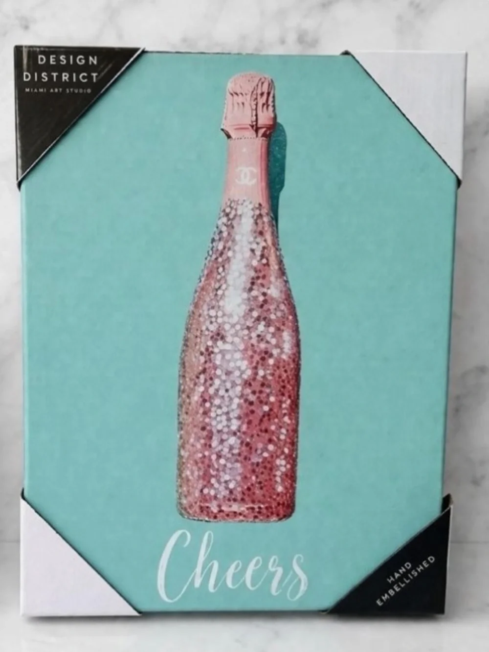 NEW!District Cheers Canvas Art - Chanel Pink & Green Wine Bottle-Wood Doughnut